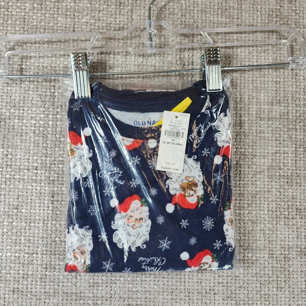 Old Navy Toddler Size 3T Colorful Santa Clause Pajama Set‎ Navy Stretch Knit NWT